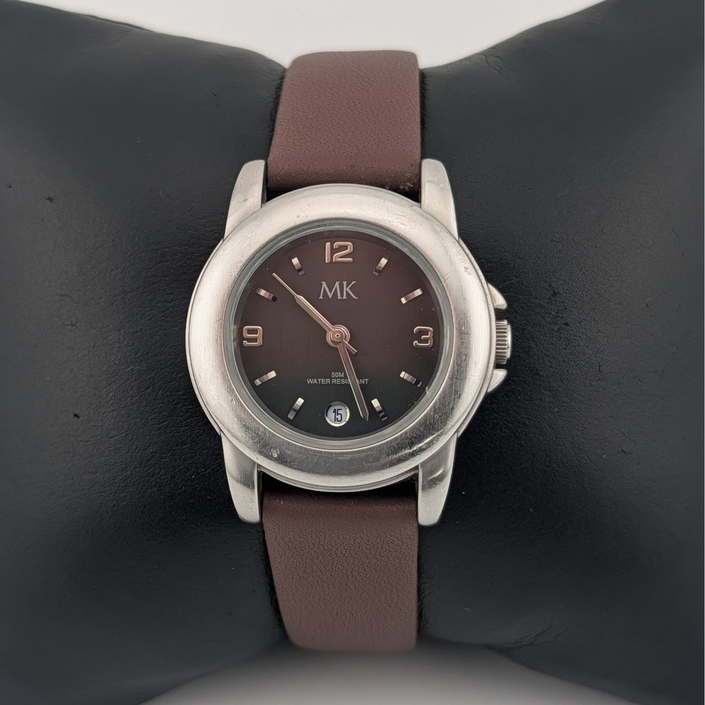 Michiko London Koshino Watch MK Dial Brown Leather 28mm Date Stainless Steel